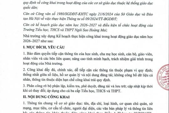 Kế hoạch số 2206/2026/KH-NSHM thực hiện công khai trong hoạt động giáo dục năm học 2026–2027